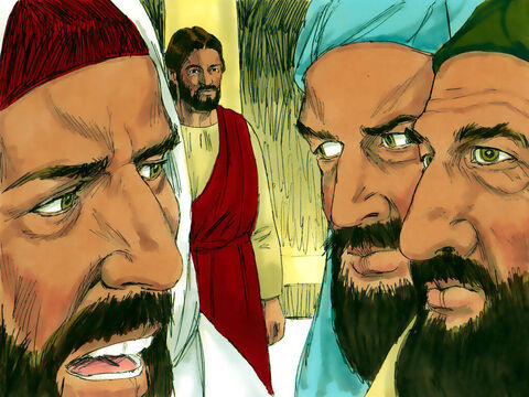 Nişte farisei şi suporteri ai lui Irod au plănuit să-L facă pe Isus să spună ceva ce ar supăra romanii, ca să-L omoare ei. Au trimis nişte spioni, care se prefăceau că sunt oameni drepţi, ca să-L prindă cu vorba. – Imagine 4