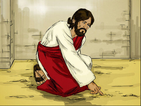 Isus S-a aplecat şi a început să scrie cu degetul pe pământ. Cum ei continuau să-L întrebe, El S-a ridicat şi le-a zis:<br/>– Acela dintre voi care este fără păcat, să arunce primul cu piatra în ea!<br/>Apoi S-a aplecat şi a continuat să scrie pe pământ. – Imagine 5