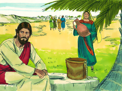 Isus a stat lângă fântână să se odihnească, în timp ce ucenicii au plecat în cetate să cumpere mâncare. O femeie samariteancă a venit după apă. – Imagine 3
