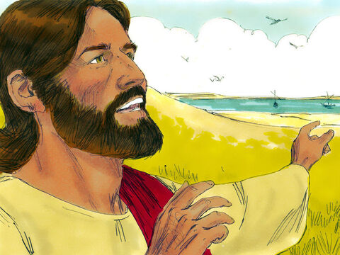 După o zi activă de învăţare, spre seară Isus le-a spus ucenicilor: – Să trecem pe partea cealaltă a Lacului Galileii. – Imagine 1