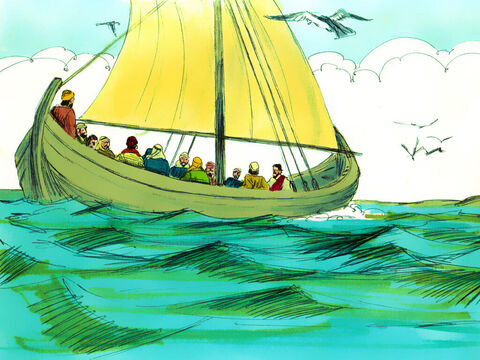 Când au pornit, vremea era calmă, iar Isus era foarte obosit. S-a culcat să doarmă pe căpătâi în spatele corabiei. – Imagine 4