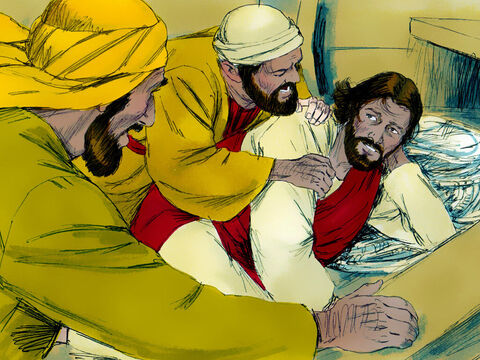 Isus dormea adânc pe căpătâi în spatele corabiei. Ucenicii l-au sculat scuturându-l. – Învăţătorule, nu-ţi pasă că pierim? Isus le-a răspuns: – De ce aveţi atât de puţină credinţă? De ce vă e frică? – Imagine 7