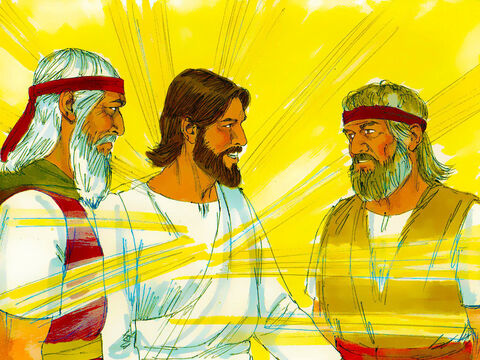 Într-o splendoare glorioasă, au apărut doi bărbaţi, Moise şi Ilie, stând de vorbă cu El. Au vorbit despre lucrurile ce urmau să se întâmple cu Isus pentru a împlini Scripturile. – Imagine 5