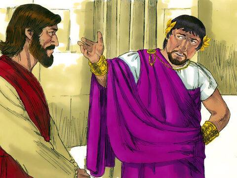 Irod s-a bucurat foarte mult când L-a văzut pe Isus, pentru că de multă vreme dorea să-L întâlnească, şi spera să-L vadă înfăptuind vreun semn. Isus însă nu i-a răspuns nimic. Conducătorii preoţilor şi cărturarii stăteau acolo, acuzându-L cu vehemenţă, El însă a rămas tăcut. – Imagine 7