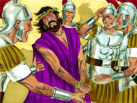 Apoi Irod şi-a bătut joc de El, L-a îmbrăcat într-o haină strălucitoare, I-a pus pe cap o coroană de spin, şi soldaţii lui L-au tratat cu dispreţ. – Imagine 8