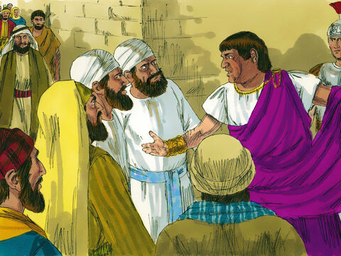 În timp ce stătea pe scaunul de judecată, soţia lui a trimis să-i spună: „Să n-ai nimic de-a face cu acel Om drept, pentru că azi am suferit mult în vis din cauza Lui!“ Guvernatorul obişnuia ca la fiecare sărbătoare să elibereze un prizonier. Pilat a întrebat poporul:<br/>– Pe cine vreţi să vi-l eliberez, pe Baraba sau pe Isus?<br/>Baraba fusese închis pentru că conduse o răscoală şi pentru omor.<br/>– Pe Baraba!, striga poporul. – Imagine 13