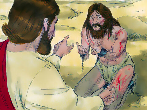 – Care-ţi este numele? – întreba Isus. Vocea din bărbat răspunse: – Legiune, pentru că suntem mulţi. Puterile răi, care-l controlau pe bărbat, au cerut de la Isus să nu-i trimită afară din ţinutul acela. – Imagine 7