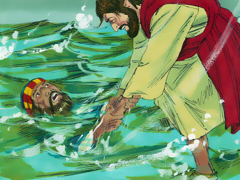 Isus şi-a întins mâna, şi l-a prins pe Petru. – Credinţa ta e mică, – îi spuse Isus. – De ce teai îndoit? Isus l-a ridicat pe Petru în corabie, şi a urcat şi el, alăturându-se ucenicilor. – Imagine 10