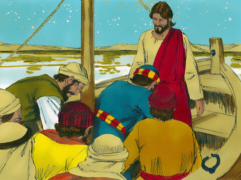 Ucenicii au fost foarte uimiţi şi I s-au închinat lui Isus. – Tu chiar eşti Fiul lui Dumnezeu, – strigau. Şi corabia a ajuns îndată pe mal. – Imagine 11