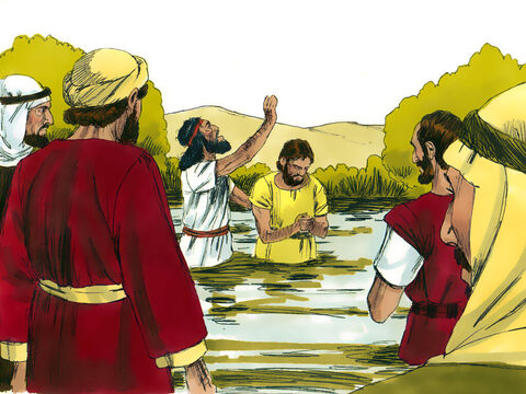 Au venit oameni de pretutindeni să audă predica lui Ioan. Mulţi şi-au mărturisit păcatele, şi erau botezaţi de el în râul Iordan. – Imagine 3
