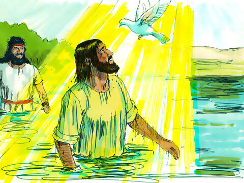 Imediat după ce Isus a ieşit din apă, cerurile erau deschise şi L-a văzut pe Duhul lui Dumnezeu coborând ca un porumbel şi venind peste El. Şi din ceruri s-a auzit un glas care zicea: „Acesta este Fiul Meu preaiubit în Care-Mi găsesc plăcerea!“<br/>Ioan a spus oamenilor:<br/>– Când Dumnezeu m-a trimis să botez, mi-a spus: „Când vezi Duhul Sfânt coborând şi venind peste cineva, El va fi cel care va boteza cu Duhul Sfânt.” Eu am văzut că acest lucru s-a întâmplat lui Isus, şi vă spun că El este Fiul lui Dumnezeu. – Imagine 9