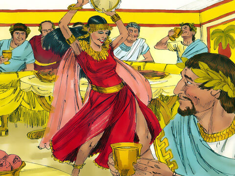 Salomeea, fiica Irodiadei a dansat în faţa oaspeţilor. Dansul ei i-a captivat pe toţi, i-a plăcut şi lui Irod Antipa, care a vrut să o recompenseze. – Imagine 6