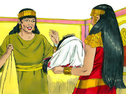 Acesta i-a adus capul pe o farfurie şi l-a arătat oaspeţilor de la masă. Irod l-a dat Salomeei, <br/>iar ea i l-a dat mamei sale. – Imagine 11