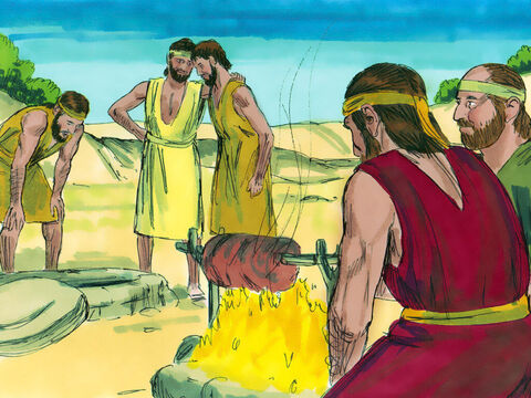 În timp ce s-au aşezat să mănânce, au observat apropiindu-se o caravană de-a ismaeliţilor venind din Ghilad şi ducând în Egipt, pe cămilele lor, condimente, balsam şi smirnă. – Imagine 12