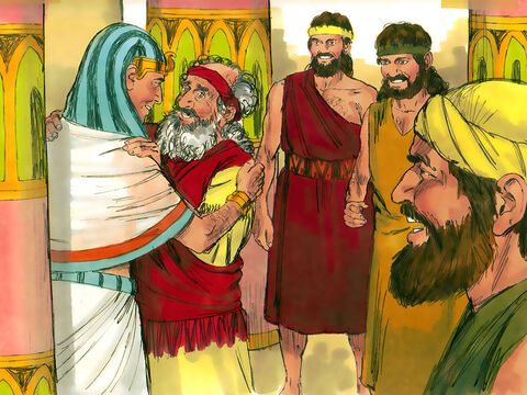 Iosif a călătorit în Goşen pentru a se întâlni cu tatăl său. S-au îmbrăţişat, iar Iosif a plâns, ţinându-l pe tatăl său în braţe. – Imagine 21