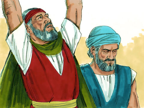 Moise, Aaron şi un conducător numit Hur sa dus pe vârful unui deal să cheme puterea lui Dumnezeu în ajutor în bătălie. – Imagine 4