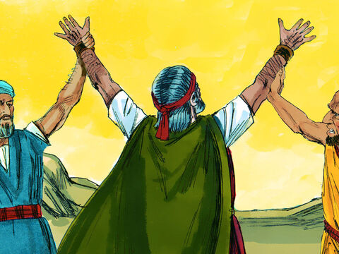 Când Moise nu mai putea de oboseală, Aaron şi Hur l-au aşezat pe o piatră mare şi i-au sprijinit mâinile întinse spre cer. L-au sprijinit toată ziua până la asfinţitul soarelui. – Imagine 9