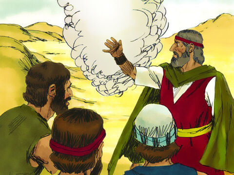 Aaron a zis poporului să se adune în faţa lui Dumnezeu. Când s-au uitat spre deşert, au văzut gloria Domnului, care a apărut în nori. Domnul i-a promis lui Moise că va trimite carne în seara aceea şi pâine de dimineaţă. – Imagine 16