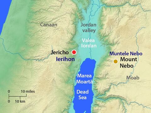 Moise s-a urcat de pe câmpiile Moabului pe muntele Nebo, pe vârful Pisga, care era înaintea Ierihonului. Dumnezeu i-a arătat locurile din ţara promisiunii, inclusiv Valea Iordanului şi Ierihonul. – Imagine 14