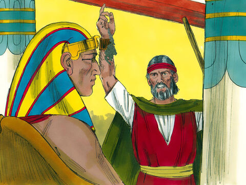 Moise a luat cenuşă din cuptor şi a aruncat-o în aer în faţa lui Faraon. – Aşa spune Dumnezeu: această cenuşă va deveni praf iar oamenii şi animalele vor avea bube cauzate de nişte băşici fierbinţi. – Imagine 20
