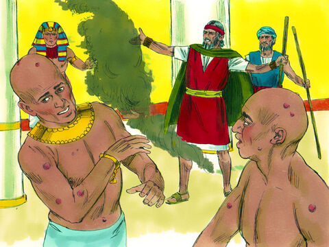 Vrăjitorii lui Faraon nu au putut sta în faţa lui Moise din cauza bubelor care au apărut pe ei şi pe toţi egiptenii. Însă Faraon nu a lăsat poporul lui Dumnezeu să plece. – Imagine 21