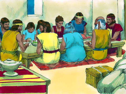 În acea seară poporul lui Dumnezeu s-a îmbrăcat gata pentru plecare din Egipt, şi s-au aşezat la masă să mănânce ceea ce mai târziu vor numi Paşti. – Imagine 16