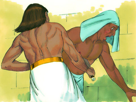 ... astfel Moise l-a atacat pe egiptean şi l-a ucis. Apoi a ascuns trupul mortului în nisip. – Imagine 4
