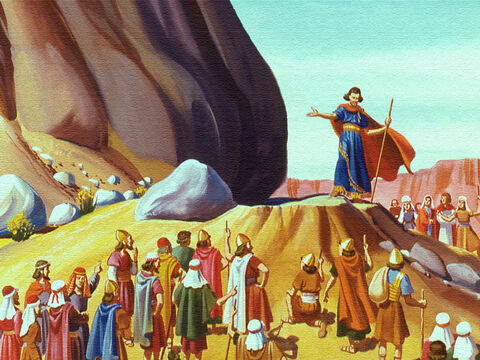 Moise a ascultat pe Domnul şi a adunat poporul în faţa stâncii din afara taberei. Apoi a lovit stânca cu toiagul. – Imagine 9