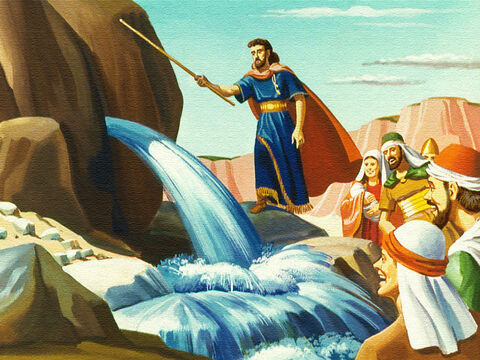 Dumnezeu a făcut ca stânca să dea apă curată, şi atât oamenii cât şi animalele au băut din ea. Setea însă nu era singura problemă cu care s-a întâlnit poporul în deşert. – Imagine 10