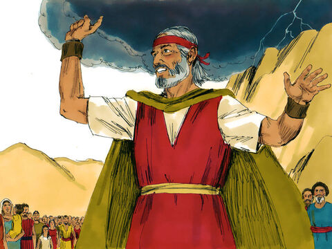 Moise a coborât să avertizeze poporul că muntele este sfânt şi să nu se apropie mai mult. Apoi el şi Aaron s-au întors pe vârf. – Imagine 14