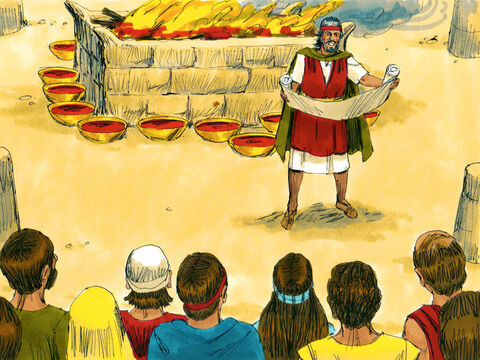 În dimineaţa următoare Moise a construit un altar lui Dumnezeu la piciorul muntelui. S-au sacrificat nişte tauri, şi jumătate din sângele lor s-a stropit pe altar, iar restul s-a pus în nişte străchini. Apoi Moise lea citit încă o dată legile lui Dumnezeu. – Imagine 28