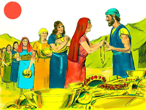 Poporul a venit cu daruri şi le-au dat pentru construirea Cortului. Au adus bijuterii şi obiecte făcute din aur, argint şi bronz, piei de berbeci, alte piei şi lemn de salcâm. – Imagine 5
