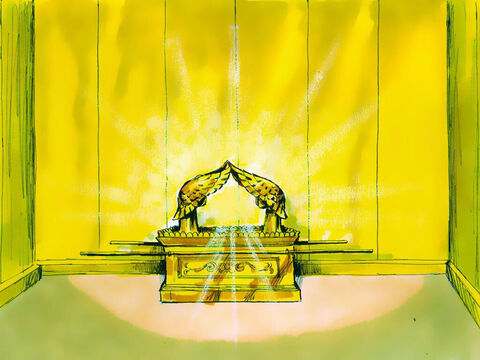 Exodul 37:1-9 Singurul obiect care se putea aşeza în Locul Preasfânt era chivotul făcut din lemn de salcâm, acoperit cu aur. Capacul era făcut din aur curat cu doi heruvimi cu feţele îndreptate una către alta, aripile cărora s-a întâlnit şi a acoperit capacul chivotului. Prezenţa lui Dumnezeu era să fie peste acest chivot. – Imagine 15