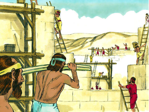 Deşi erau batjocoriţi de către inamicii lor, muncitorii au început să reconstruiască zidurile Ierusalimului. Fiecare familie sau grup a reparat o secţiune a zidului. – Imagine 1