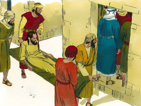 Şi au venit patru bărbaţi, care au adus un prieten paralizat, care au vrut ca Isus să-L vindece. Însă mulţimea era atât de mare în jurul casei încât nu au avut şansa să intre. – Imagine 2