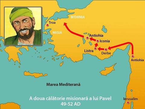 După aceea Pavel şi Sila au călătorit prin Frigia şi Galatia. S-au gândit să se ducă în sudul Asiei, dar Duhul Sfânt le-a oprit. Astfel au pornit spre nord, spre Bitinia, sar Duhul lui Isus nu le-a lăsat acolo. – Imagine 9