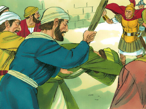 Astfel l-au prins pe Pavel, şi l-au tras afară din Templu, şi au încuiat poarta după el. În timp ce vroiau să îl ucidă, sa dus vestea la comandantul regimentului roman că Ierusalim este în agitaţie. Acesta şi-a chemat soldaţii şi ofiţerii imediat, şi au alergat la faţa locului. – Imagine 5