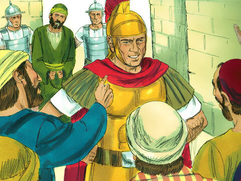 Când l-au văzut pe comandant şi pe soldaţi, au încetat să-l mai bată pe Pavel. Comandantul l-a arestat pe Pavel, a poruncit să fie legat cu două lanţuri, şi a poruncit să fie dus în fort. Mulţimea se ţinea după el, strigând: „La moarte cu el!“ – Imagine 6