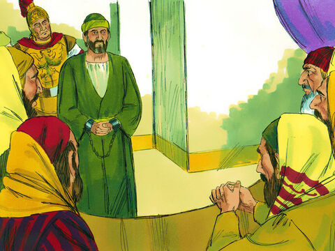 Ziua următoare, comandantul a poruncit ca conducătorii preoţilor şi Sinedriul să se adune, pentru că vroia să afle care era vina lui. L-a adus şi pe Pavel înaintea lor. – Imagine 14