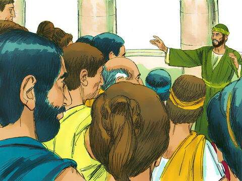 În următoarele trei luni, Pavel a vorbit în sinagogă. Unii iudei însă i-au respins mesajul, şi nu au acceptat ca Isus să fie numit Calea lui Dumnezeu. Astfel, Pavel şi ucenicii au părăsit sinagoga. În următorii doi ani, Pavel a învăţat în casa lui Tiran. Mulţi iudei şi greci din Asia au auzit cuvântul Domnului. – Imagine 6