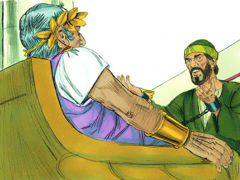 Când Porcius Festus a devenit guvernator în locul lui Felix, autorităţile iudeilor au cerut ca Pavel să fie judecat în Ierusalim (sperând să-l omoare pe drum). Festus însă a organizat o nouă judecată în Cezareea. Pavel a refuzat acuzaţiile, spunând: – N-am păcătuit nici faţă de Legea iudeilor, nici faţă de Templu, nici faţă de guvernul roman. – Imagine 1