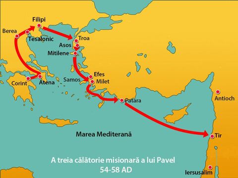 Au zărit insula Cipru, şi, lăsând-o în stânga, au navigat spre Siria, unde au acostat în Tir. Corabia s-a descărcat acolo. – Imagine 3