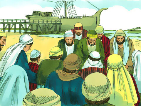 Când s-au întors la corabie, toată congregaţia, inclusiv femeile şi copiii, sau dus cu ei până la port. Acolo s-au plecat pe genunchi, şi s-au rugat, apoi şi-au luat rămas bun. – Imagine 5