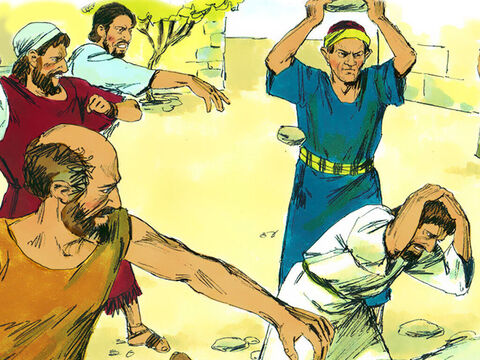 Atunci au ajuns nişte iudei din Antiohia şi Iconia, şi au aţâţat noroadele. Aceştia l-au împroşcat pe Pavel cu pietre, şi l-au târât afară din cetate, crezând că a murit. – Imagine 6