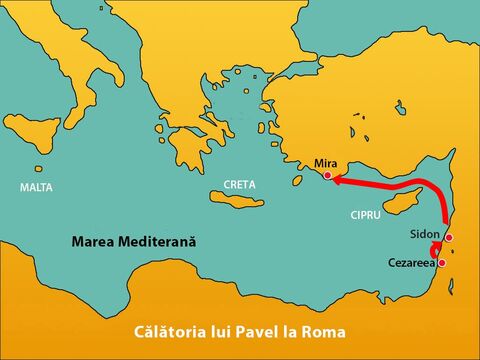 După ce au plecat de acolo, au călătorit în vânturi potrivnice, şi nu au putut ţine corabia pe traseul dorit. După ce au trecut pe lângă Cipru, au navigat de-a lungul porturilor Cilicia şi Pamfilia, şi s-au oprit la Mira. – Imagine 3