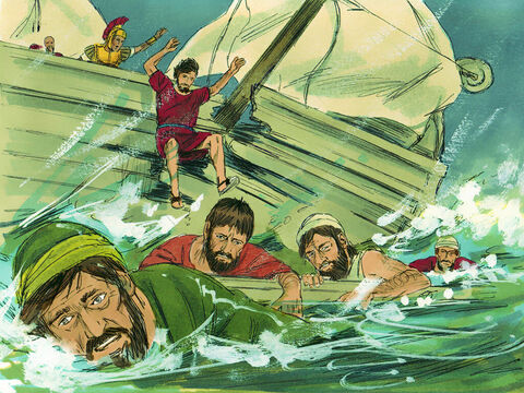 Apoi a poruncit ca toţi cei care pot să înoate să sară peste bord, şi să ajungă la ţărm. Ceilalţi s-au prins de scânduri sau de bucăţi din corabie. – Imagine 26