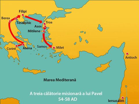 Pavel şi tovarăşii lui s-au dus în Assos, unde au urcat pe o corabie până la Mitilene. În următoarea zi, au călătorit lângă insula Chios. După aceea au sosit în Samos, iar cu o zi mai târziu, au ajuns în Milet. – Imagine 14