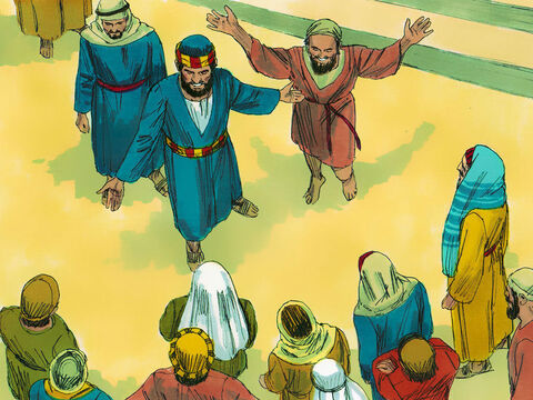 Oamenii s-au adunat, uimiţi de această minune. Petru le-a zis că acest om a fost vindecat în numele lui Isus, şi le-a amintit faptul că ei L-au predat pe Isus să fie răstignit. Apoi a mărturisit că Isus a înviat din morţi. – Imagine 2