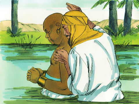 Etiopianul a intrat în apă, unde Filip l-a botezat. Când au ieşit din apă, Duhul Domnului l-a răpit pe Filip, şi a apărut în Azot, unde a predicat Evanghelia în toate cetăţile prin care trecea înspre nord până în Cezareea. – Imagine 10