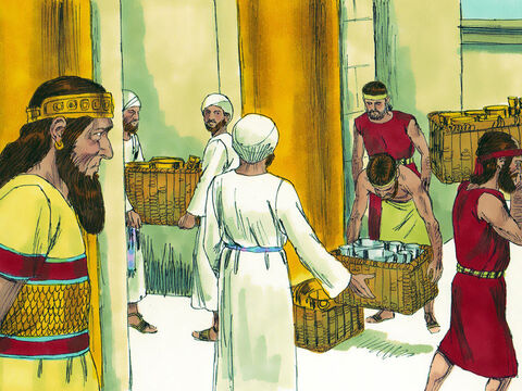 Vecinii lor erau foarte generoşi, le-au dat daruri. Regele Cirus le-a dat înapoi 5400 obiecte de valoare din aur şi argint, care fuseseră luaţi de către babilonieni, şi le-a înmânat lui Şeşbaţar, conducătorul iudeilor. – Imagine 7
